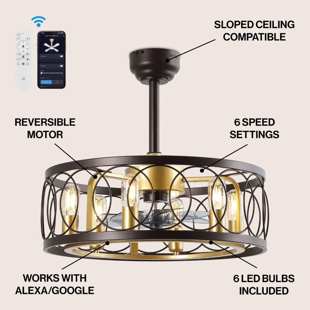 Celeste 21.6" 6-Light Industrial Farmhouse 6-Speed Metal Mobile-App/Remote-Controlled Caged LED Ceiling Fan