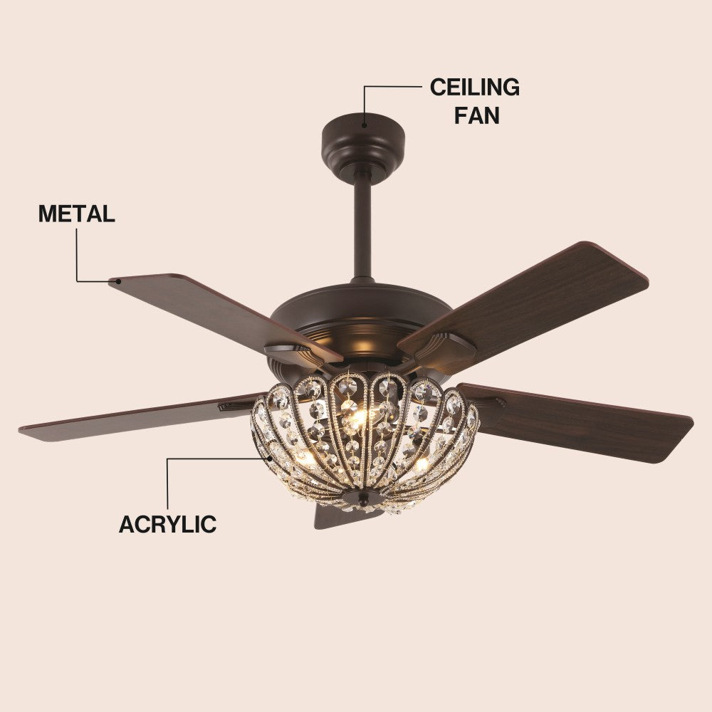 Reva 42" 3-Light Modern Coastal 6-Speed Metal/Crystal Scalloped Bowl Shade Mobile-App/Remote-Controlled LED Ceiling Fandelier