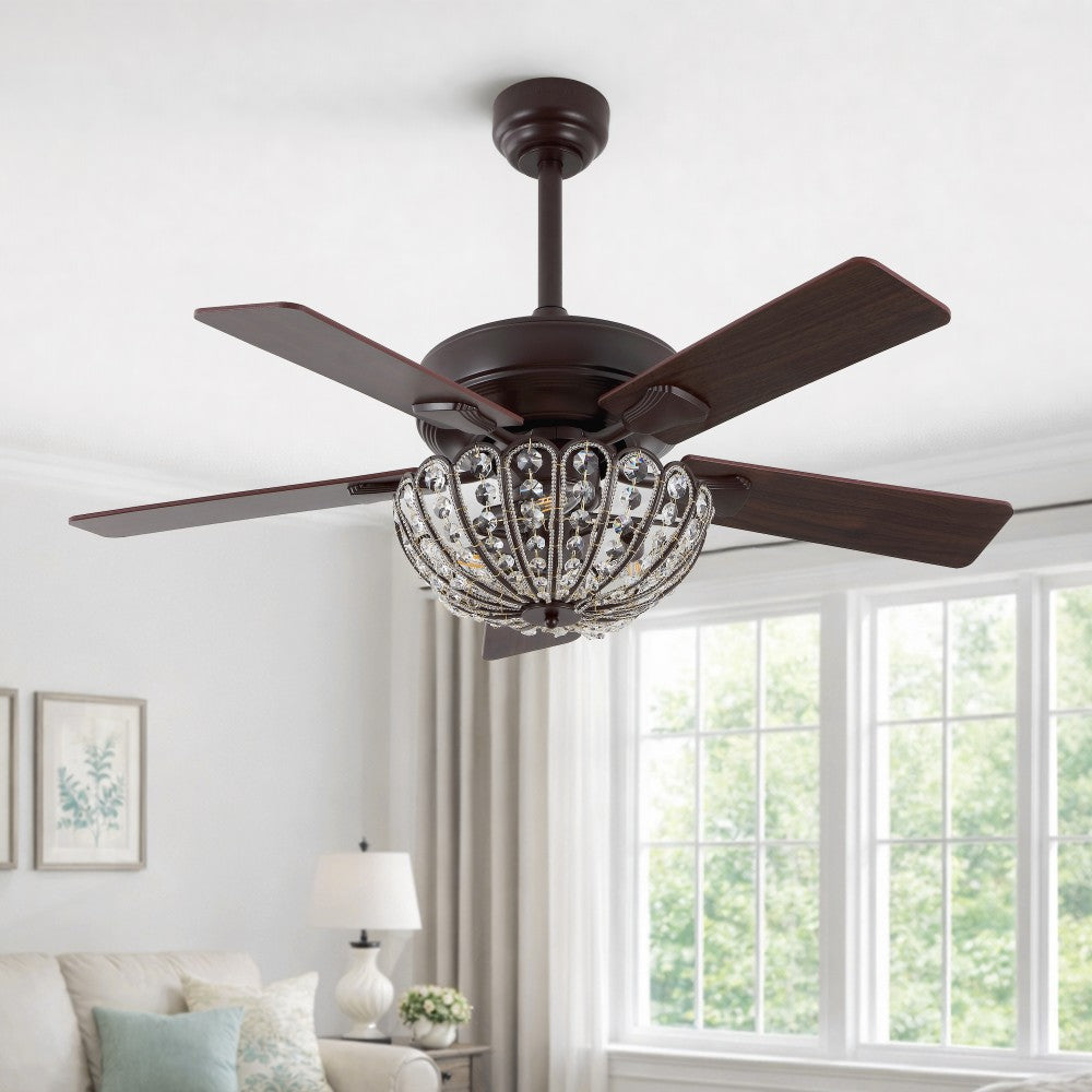 Reva 42" 3-Light Modern Coastal 6-Speed Metal/Crystal Scalloped Bowl Shade Mobile-App/Remote-Controlled LED Ceiling Fandelier