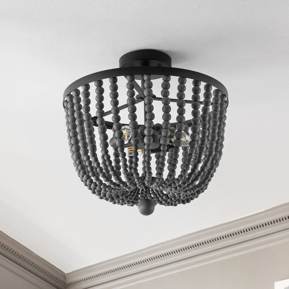 Kari Wood Bead 16" Bohemian Farmhouse Iron LED Semi Flush Mount