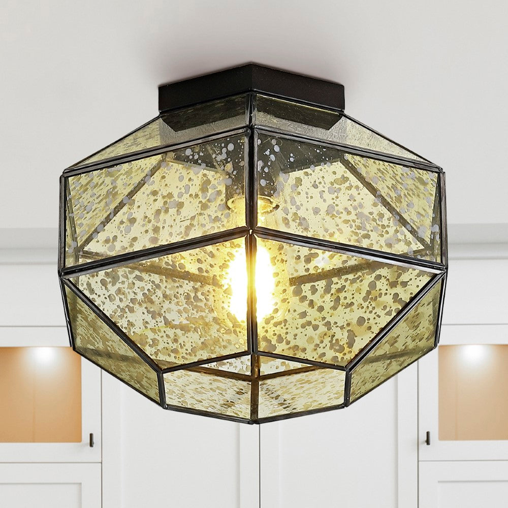 CASAINC 12.5" Vintage Farmhouse Iron/Glass LED Flush Mount