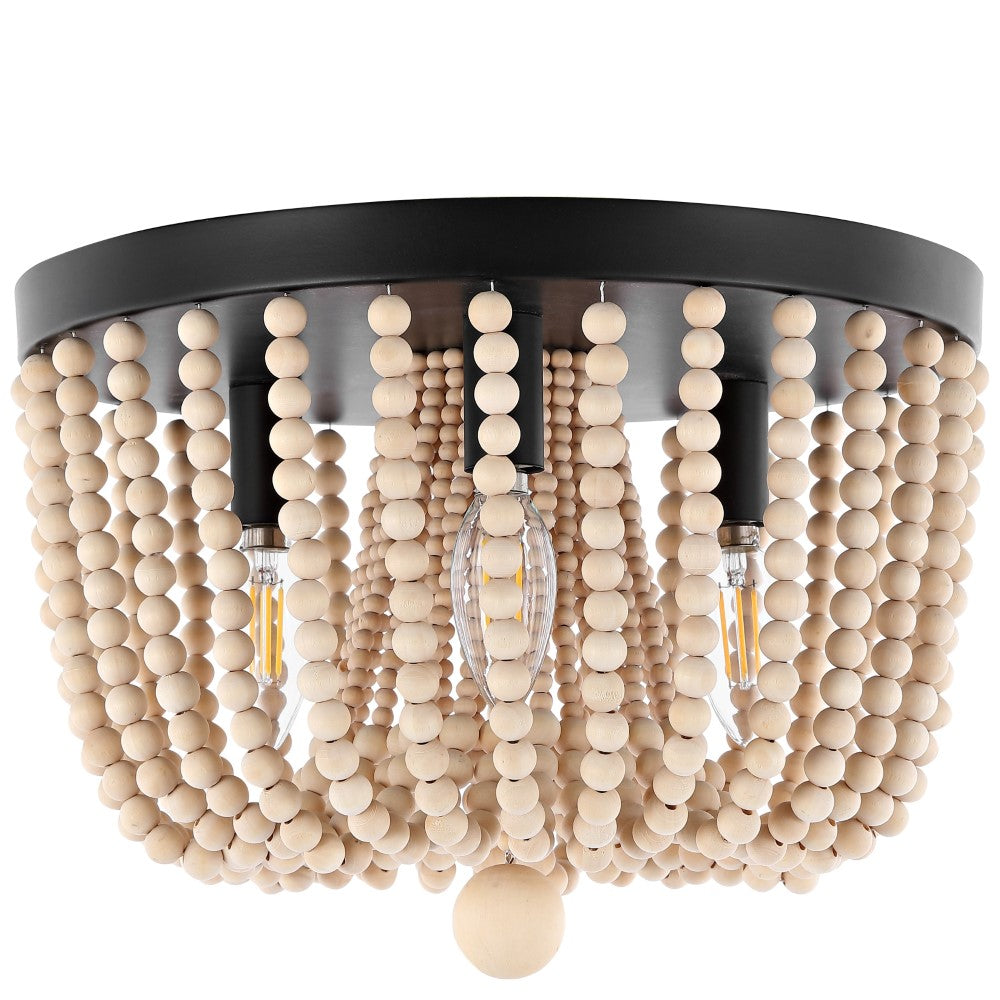 Zander Distressed 13" Coastal Farmhouse Iron/Wood Bead LED Flush Mount
