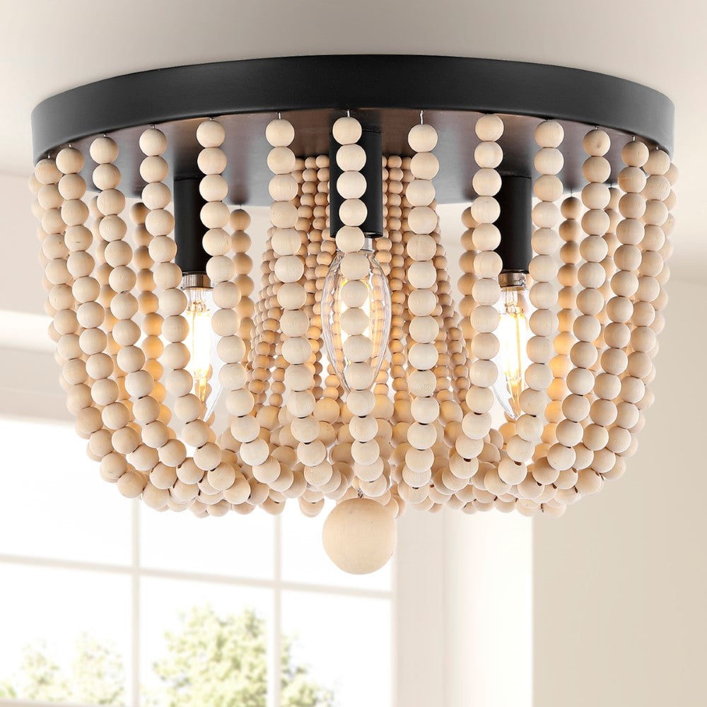 Zander Distressed 13" Coastal Farmhouse Iron/Wood Bead LED Flush Mount
