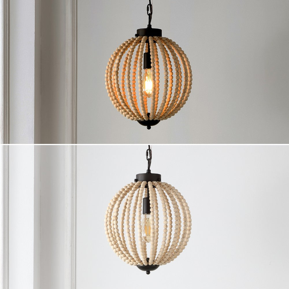 Klosm 12.5" Rustic Bohemian Iron/Wood Bead LED Pendant