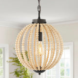 Klosm 12.5" Rustic Bohemian Iron/Wood Bead LED Pendant