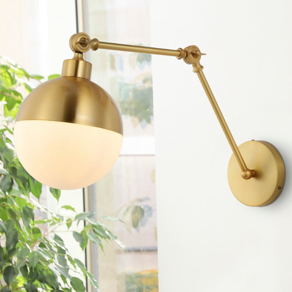 Brass 8" Mid-Century Modern Arm-Adjustable Iron/Glass LED Sconce