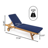 Senia 77.56"x23.62" Modern Classic Adjustable Acacia Wood Chaise Outdoor Lounge Chair with Cushion & Wheels
