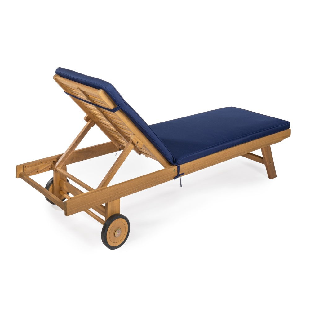 Senia 77.56"x23.62" Modern Classic Adjustable Acacia Wood Chaise Outdoor Lounge Chair with Cushion & Wheels