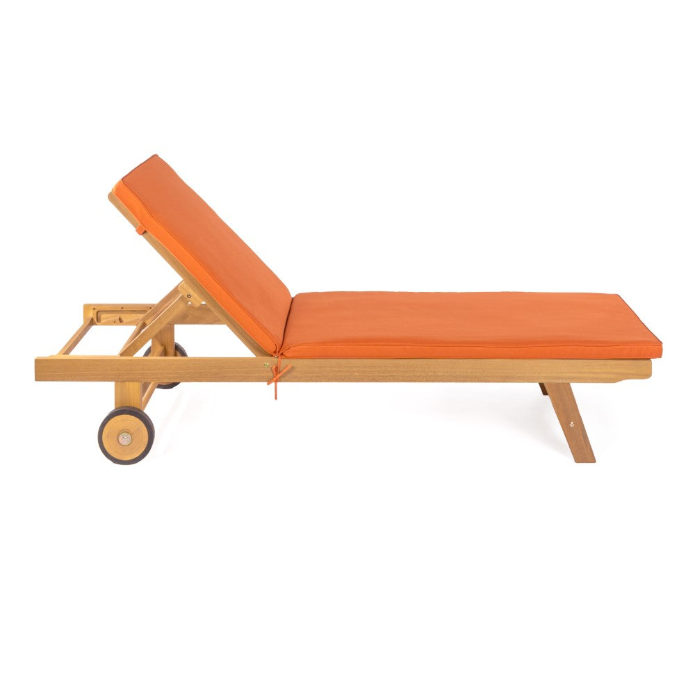 Senia 77.56"x23.62" Modern Classic Adjustable Acacia Wood Chaise Outdoor Lounge Chair with Cushion & Wheels