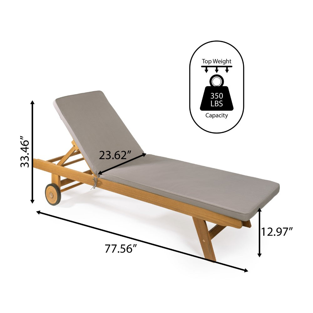Senia 77.56"x23.62" Modern Classic Adjustable Acacia Wood Chaise Outdoor Lounge Chair with Cushion & Wheels
