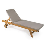 Senia 77.56"x23.62" Modern Classic Adjustable Acacia Wood Chaise Outdoor Lounge Chair with Cushion & Wheels