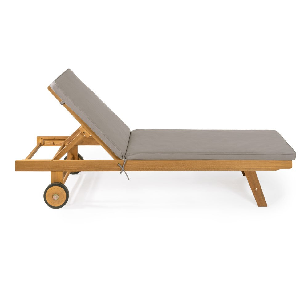 Senia 77.56"x23.62" Modern Classic Adjustable Acacia Wood Chaise Outdoor Lounge Chair with Cushion & Wheels
