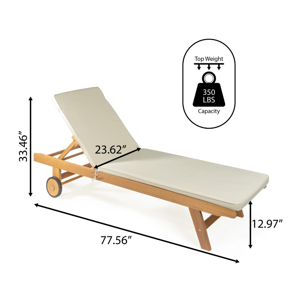 Senia 77.56"x23.62" Modern Classic Adjustable Acacia Wood Chaise Outdoor Lounge Chair with Cushion & Wheels