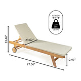 Senia 77.56"x23.62" Modern Classic Adjustable Acacia Wood Chaise Outdoor Lounge Chair with Cushion & Wheels