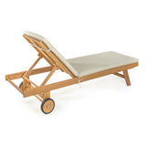 Senia 77.56"x23.62" Modern Classic Adjustable Acacia Wood Chaise Outdoor Lounge Chair with Cushion & Wheels