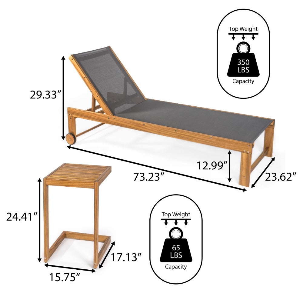 Wade Coastal Modern Acacia Wood Mesh 3-Position Outdoor Chaise Lounge Set with Side Table
