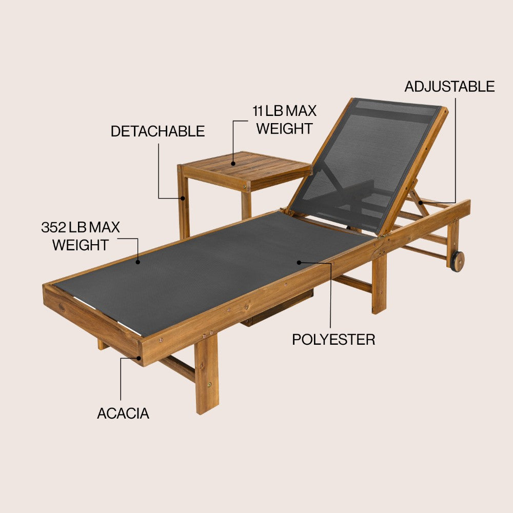 Briarwind Coastal Modern Acacia Wood Mesh 3-Position Outdoor foldable Chaise Lounge Set with Side Table