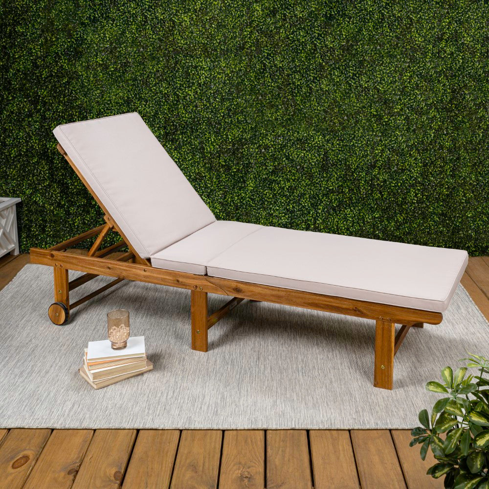 Flarevine 77.17"x23.62" Modern Classic Foldable Adjustable Wood Chaise Outdoor Lounge Chair with Cushion & Wheels