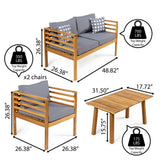 Oana 4-Piece Mid-Century Modern Acacia Wood Outdoor Patio Set with Cushions and Plaid Decorative Pillows