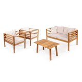Oana 4-Piece Mid-Century Modern Acacia Wood Outdoor Patio Set with Cushions and Plaid Decorative Pillows