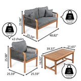 Alarice 4-Piece Modern Bohemian Acacia Wood Outdoor Patio Set with Cushions and Plain Decorative Pillows