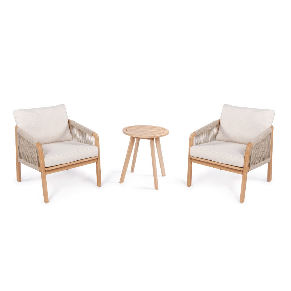 Peacock 3-Piece Modern Bohemian Roped Acacia Wood Conversation Outdoor Patio Set with Cushions