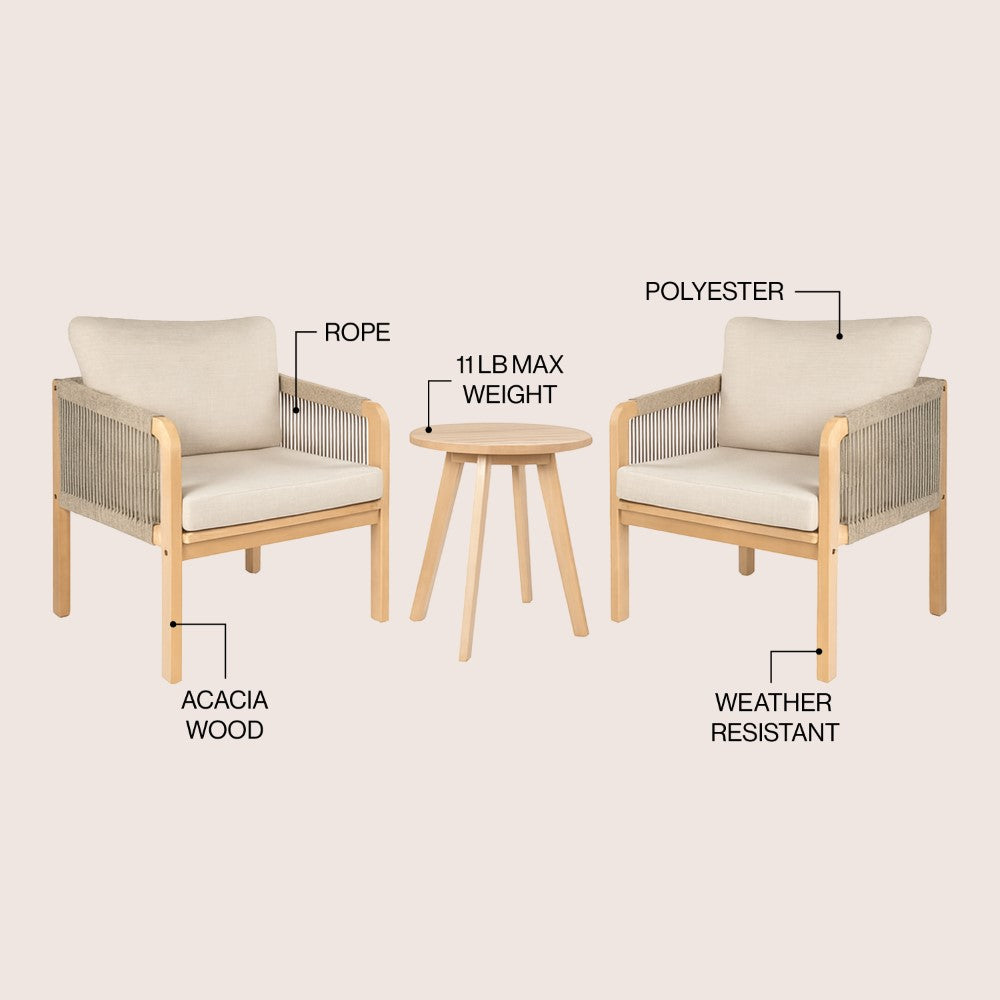 Emberfern 3-Piece Modern Bohemian Roped Corner Acacia Wood Conversation Outdoor Patio Set with Cushions