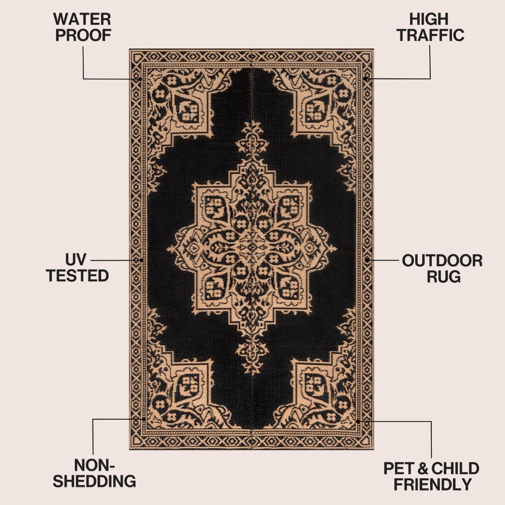 Stonegrove Medallion Border Foldable Waterproof Reversible Plastic Straw Area Rug