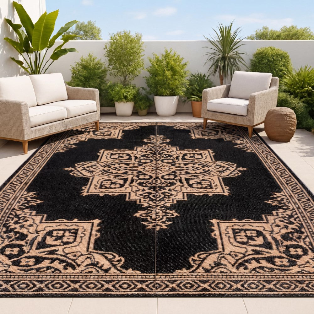Stonegrove Medallion Border Foldable Waterproof Reversible Plastic Straw Area Rug