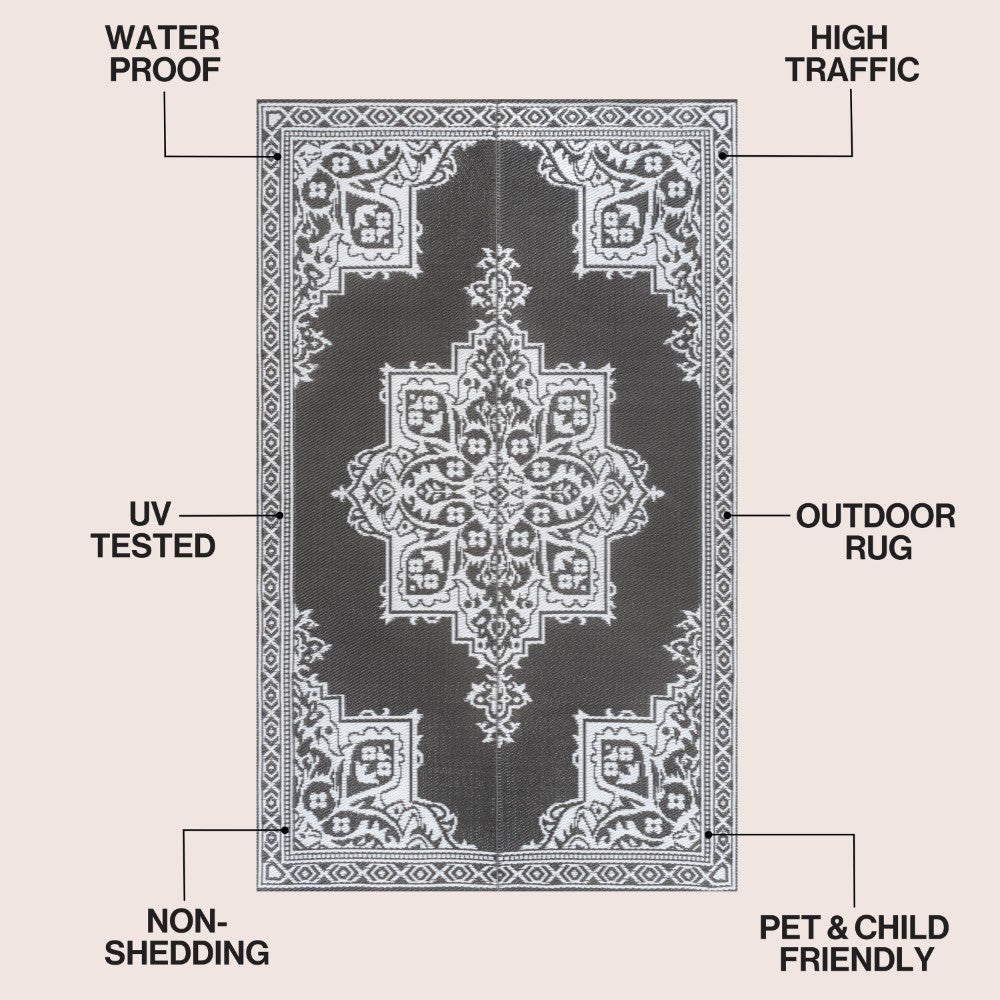 Stonegrove Medallion Border Foldable Waterproof Reversible Plastic Straw Area Rug