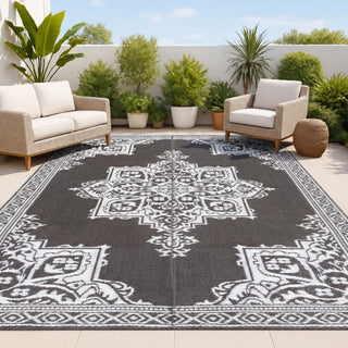 Stonegrove Medallion Border Foldable Waterproof Reversible Plastic Straw Area Rug