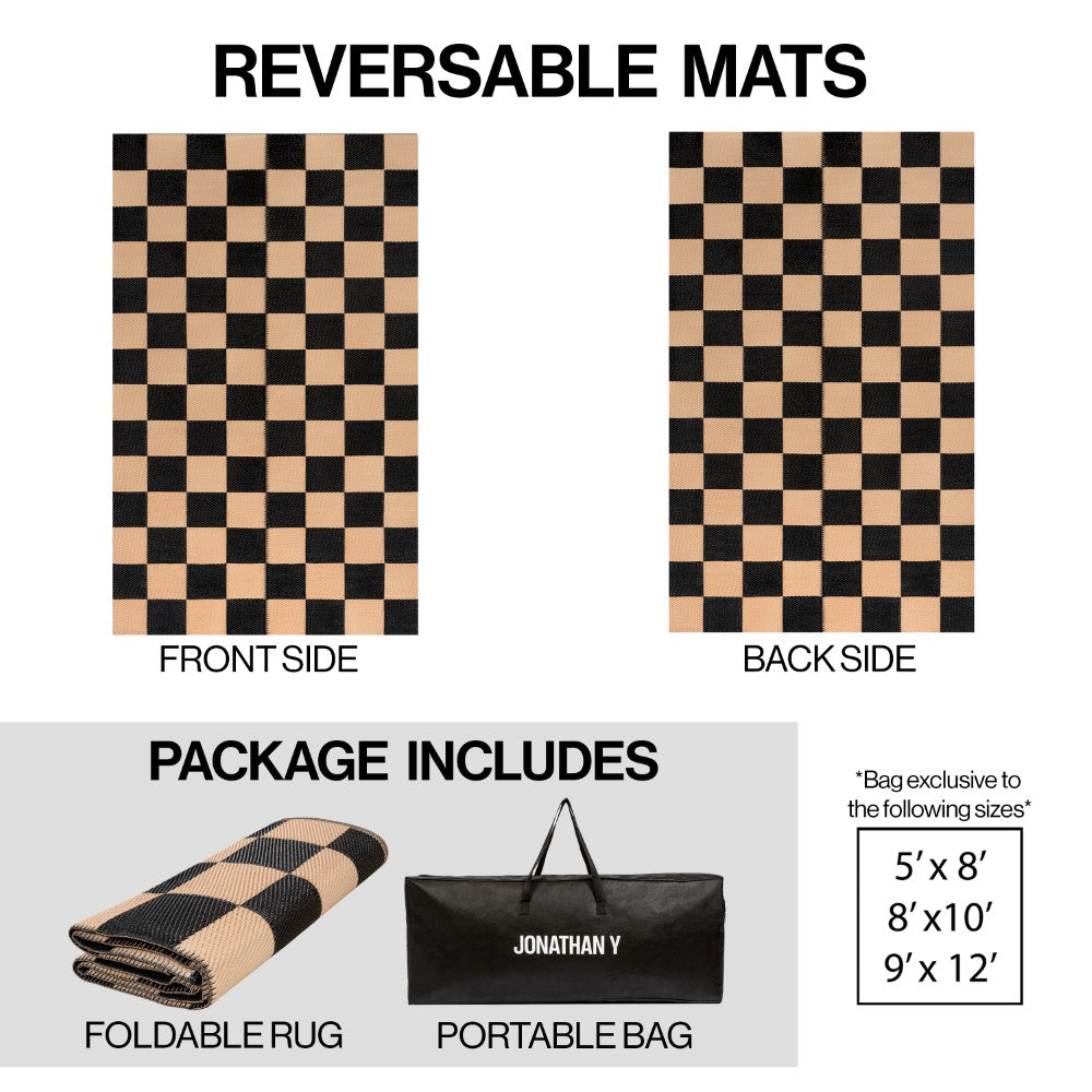 Wildterra Geometric Checker Foldable Waterproof Reversible Plastic Straw Area Rug