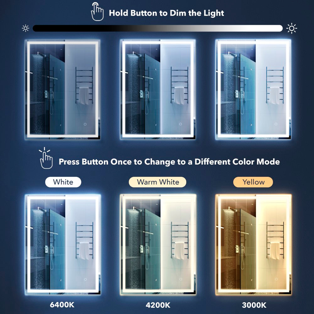 Mike Rectangular Frameless Anti-Fog Aluminum Front/Back-lit Tri-color LED Bathroom Vanity Mirror with Smart Touch Control