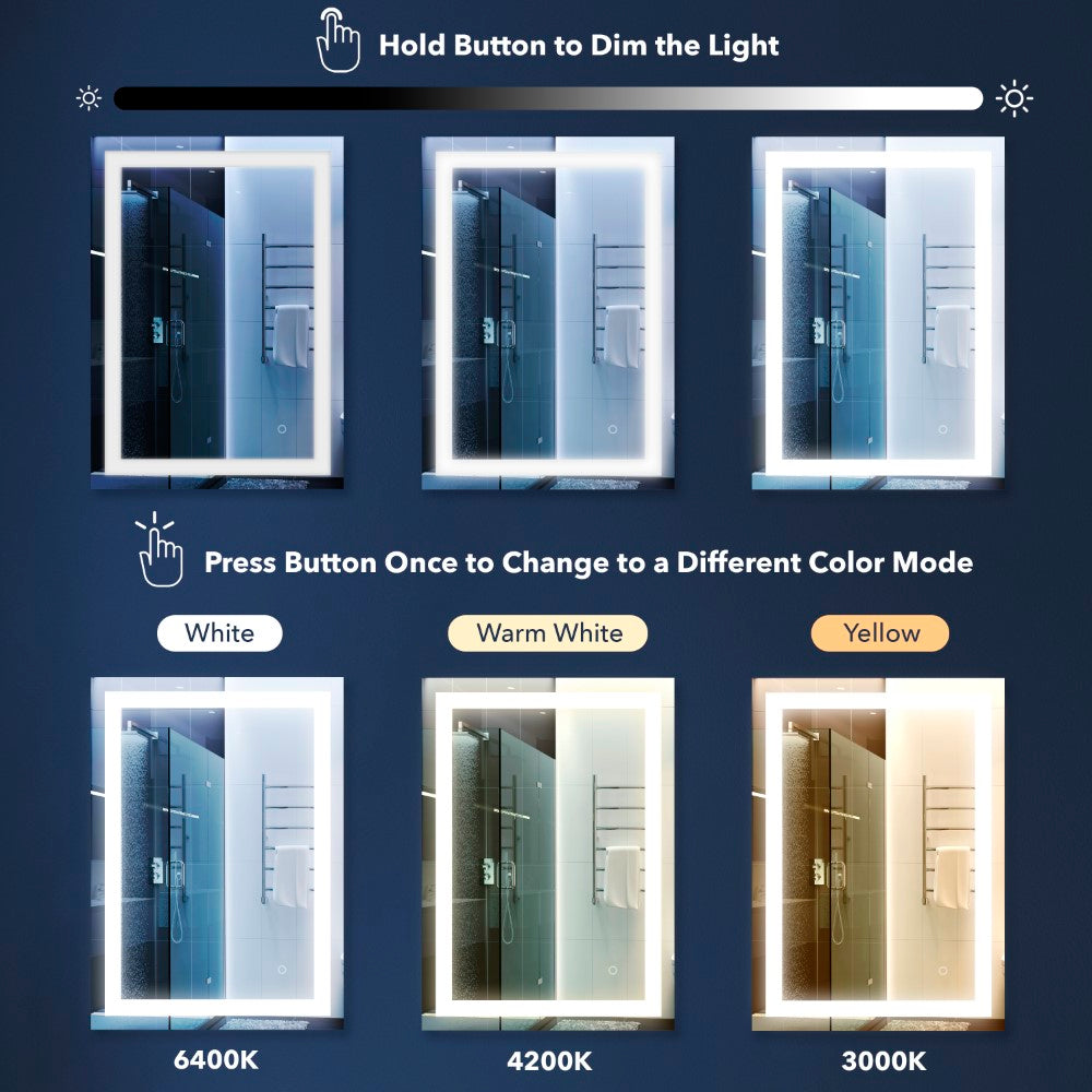 Jim Rectangular Frameless Anti-Fog Aluminum Front-lit Tri-color LED Bathroom Vanity Mirror with Smart Touch Control
