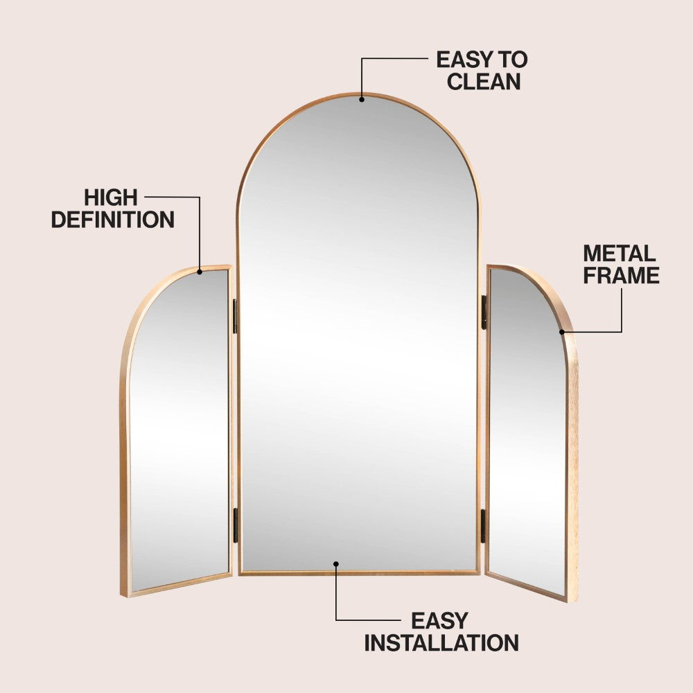 Desertfern 3-Way 28 in. W x 28 in. H Medium Arch Trifold Adjustable Aluminum Alloy Framed Vanity Mirror for Tabletop and Wall Mount