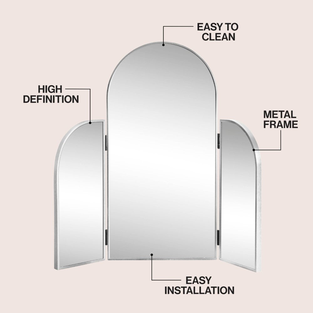 Desertfern 3-Way 28 in. W x 28 in. H Medium Arch Trifold Adjustable Aluminum Alloy Framed Vanity Mirror for Tabletop and Wall Mount