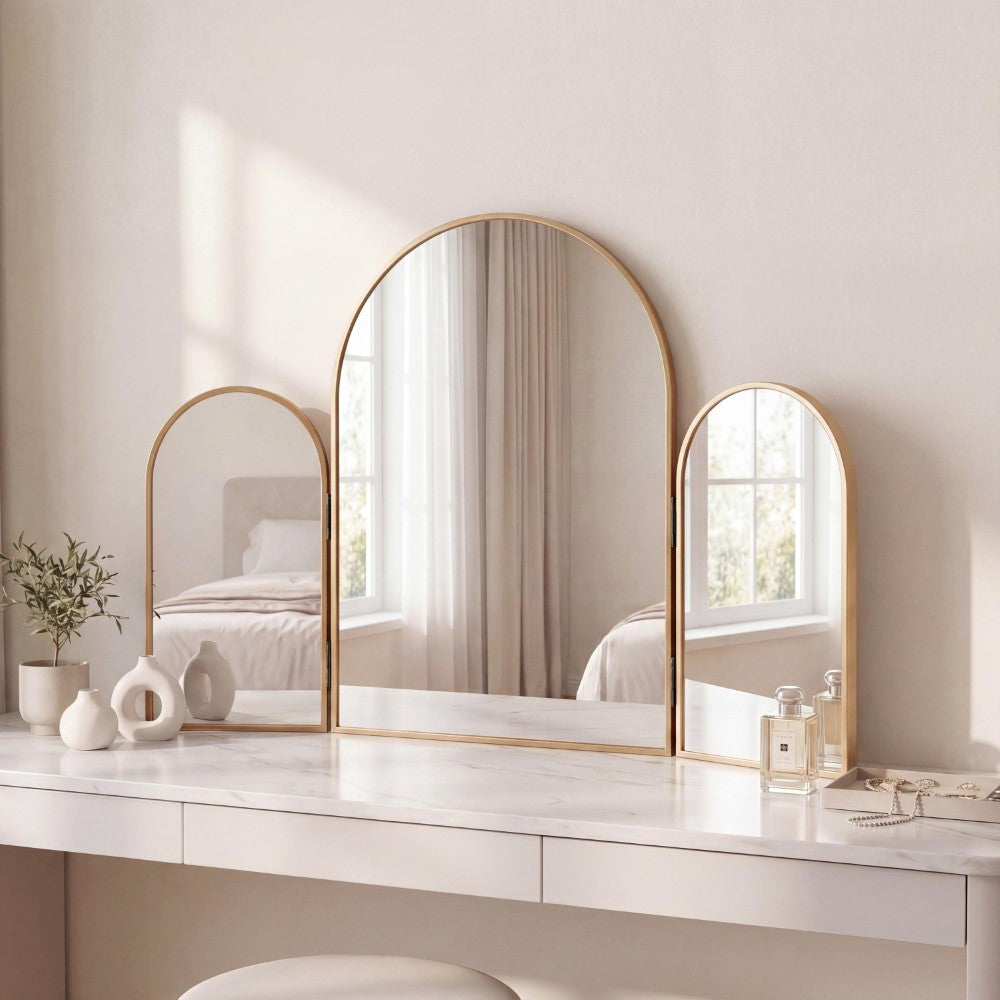 Ivyhollow 3-Way 30 in. W x 20 in. H Medium Arch Trifold Adjustable Aluminum Alloy Framed Vanity Mirror for Tabletop and Wall Mount