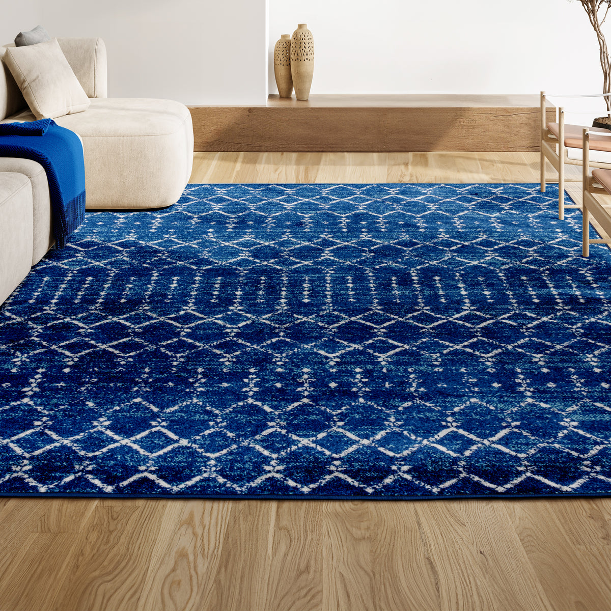 Kolkata Moroccan HYPE Boho Vintage Area Rug Blue/White