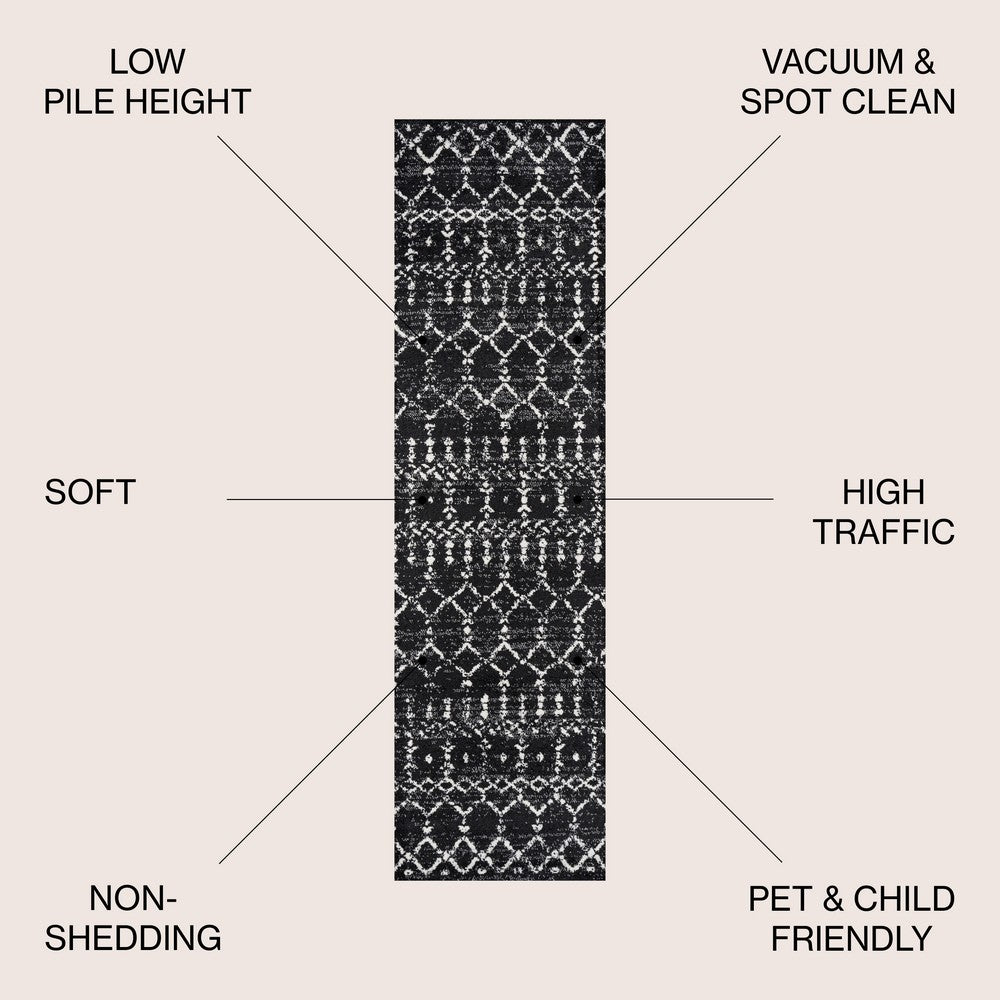 Kolkata Moroccan HYPE Boho Vintage Area Rug Black/Ivory