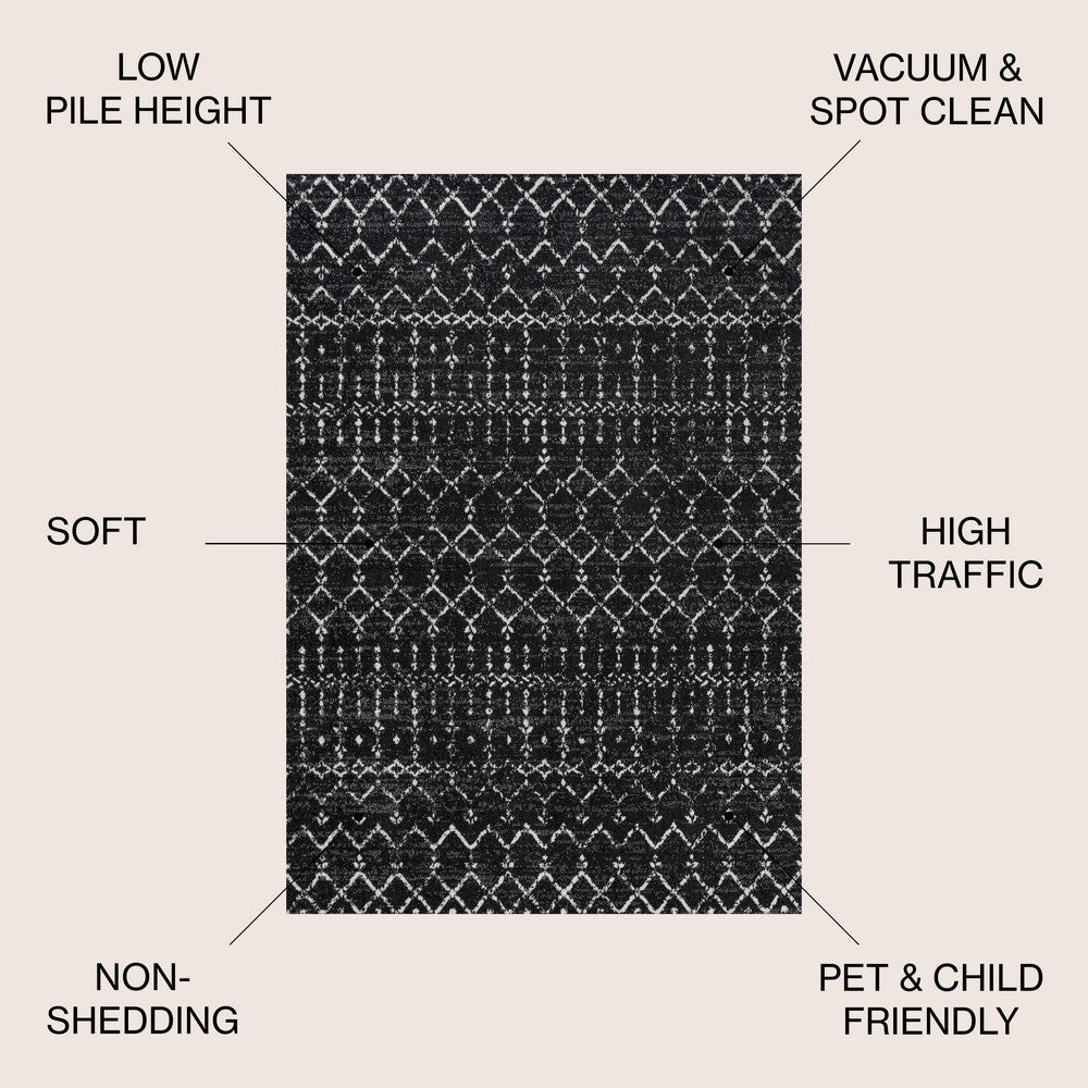 Kolkata Moroccan HYPE Boho Vintage Area Rug Black/Ivory