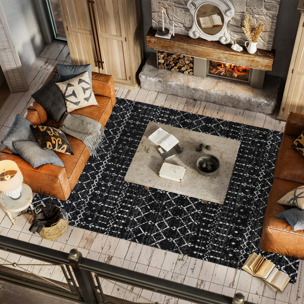 Kolkata Moroccan HYPE Boho Vintage Area Rug Black/Ivory