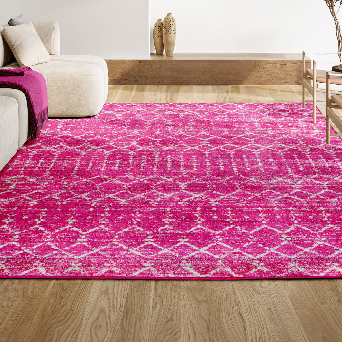Kolkata Moroccan HYPE Boho Vintage Area Rug Fuchsia/Ivory