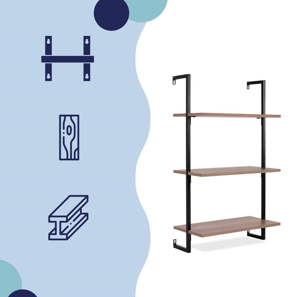 Clancy 40.55" Classic Industrial 3-Shelf Wood Wall-Mounted Open Ladder Bookcase with Metal Frame
