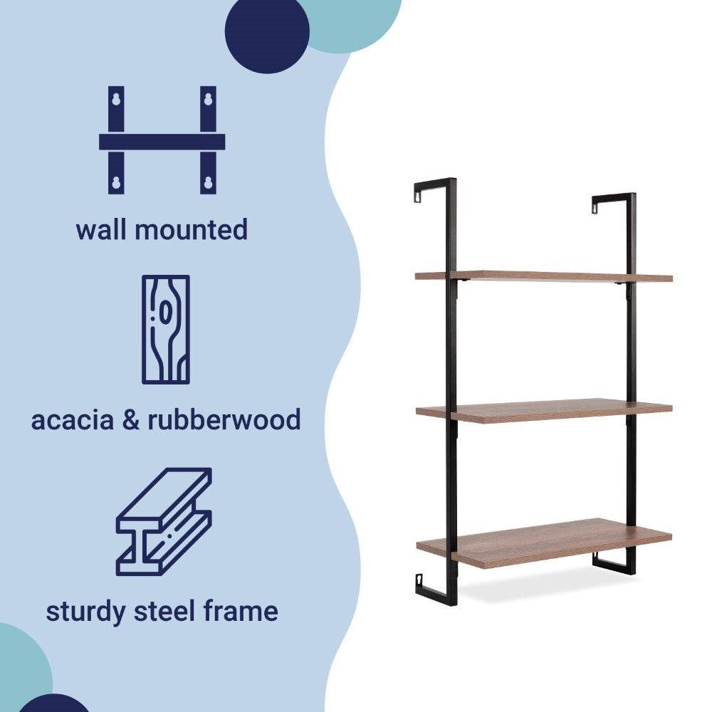 Clancy 40.55" Classic Industrial 3-Shelf Wood Wall-Mounted Open Ladder Bookcase with Metal Frame