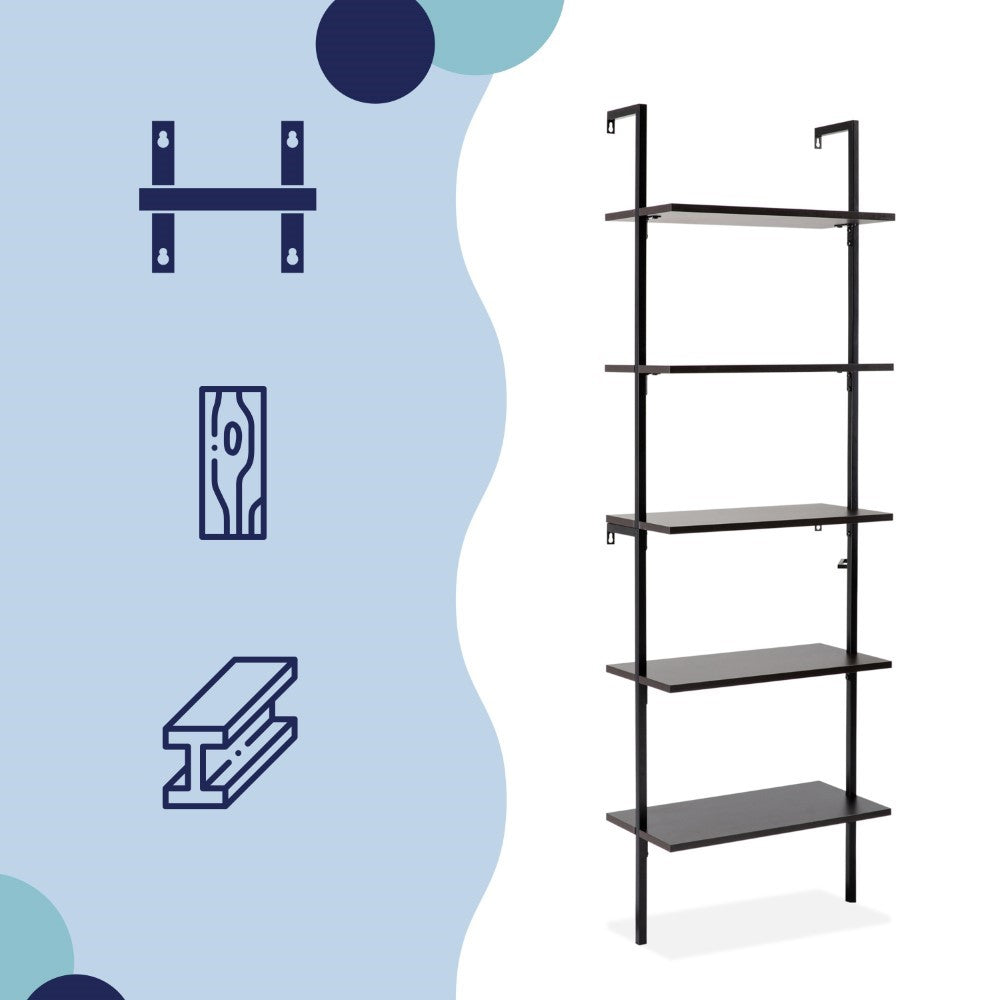Aarushi 72.05" Classic Industrial 5-Shelf Wood Wall-Mounted Open Ladder Bookcase with Metal Frame