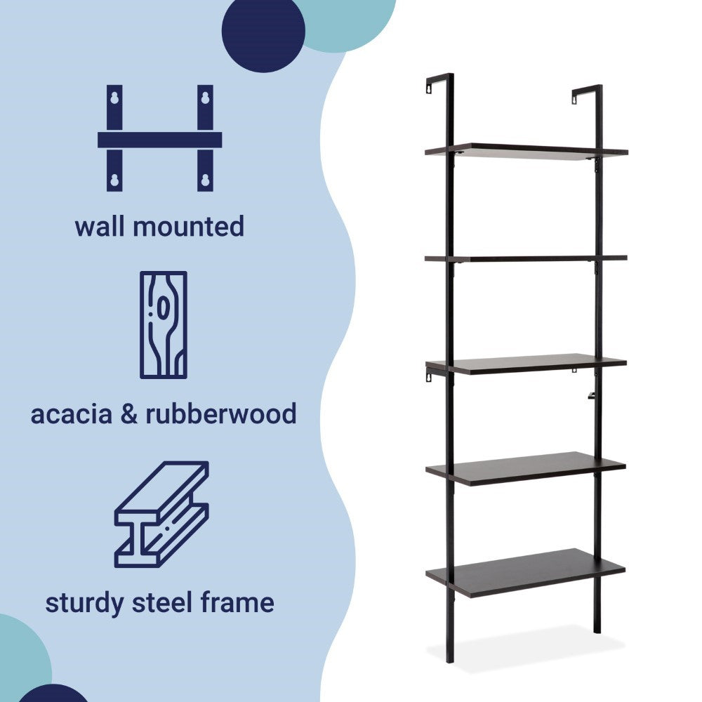 Aarushi 72.05" Classic Industrial 5-Shelf Wood Wall-Mounted Open Ladder Bookcase with Metal Frame