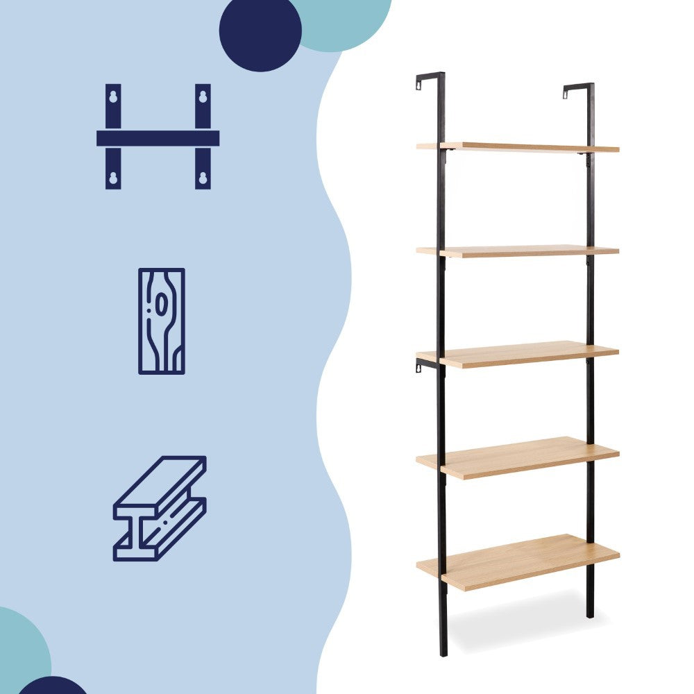 Aarushi 72.05" Classic Industrial 5-Shelf Wood Wall-Mounted Open Ladder Bookcase with Metal Frame
