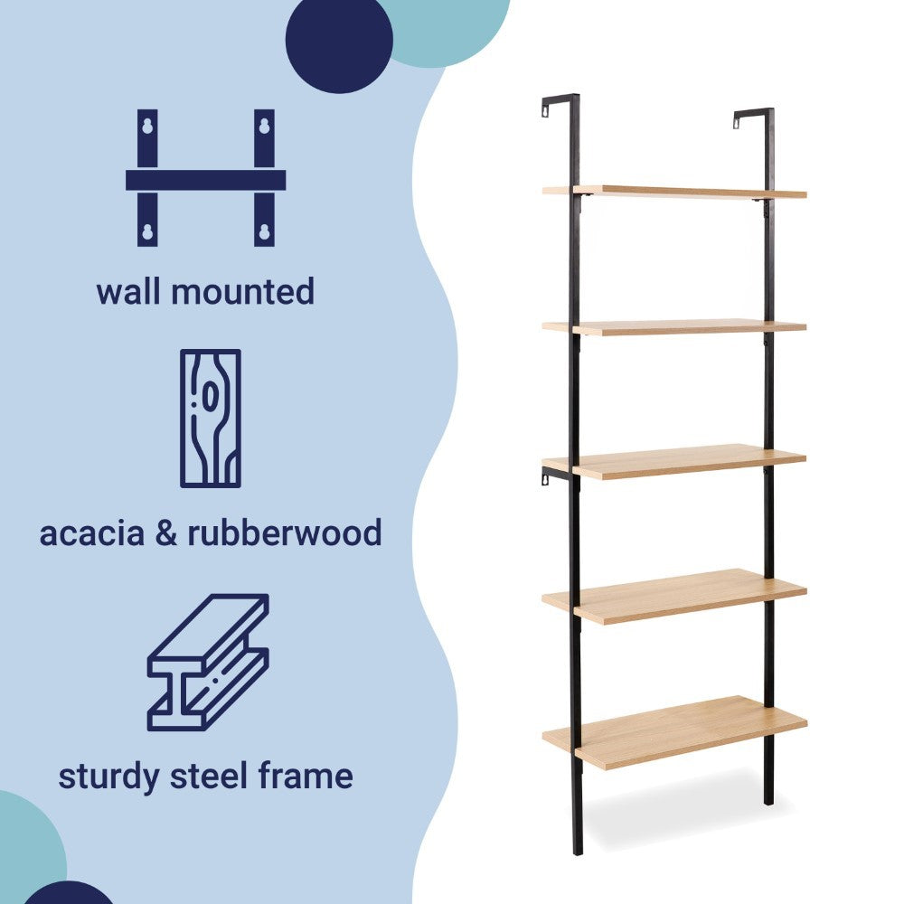 Aarushi 72.05" Classic Industrial 5-Shelf Wood Wall-Mounted Open Ladder Bookcase with Metal Frame
