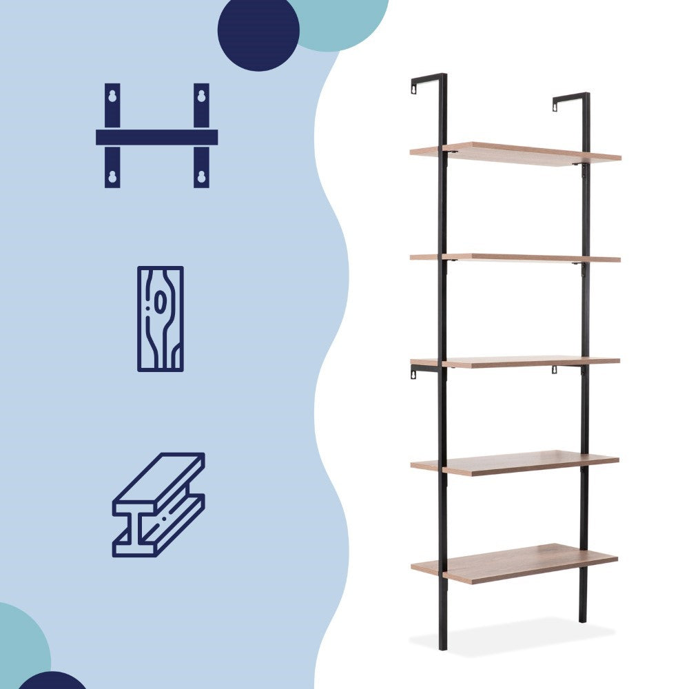 Aarushi 72.05" Classic Industrial 5-Shelf Wood Wall-Mounted Open Ladder Bookcase with Metal Frame