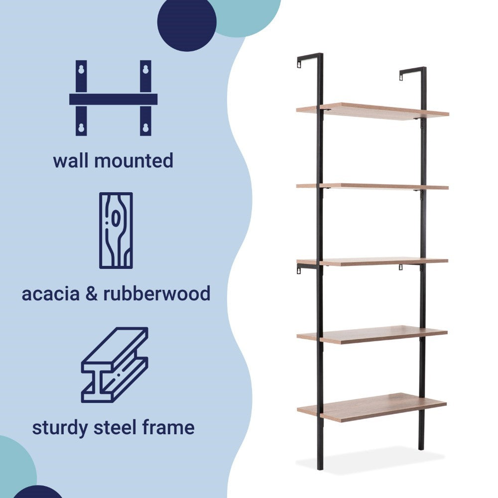 Aarushi 72.05" Classic Industrial 5-Shelf Wood Wall-Mounted Open Ladder Bookcase with Metal Frame